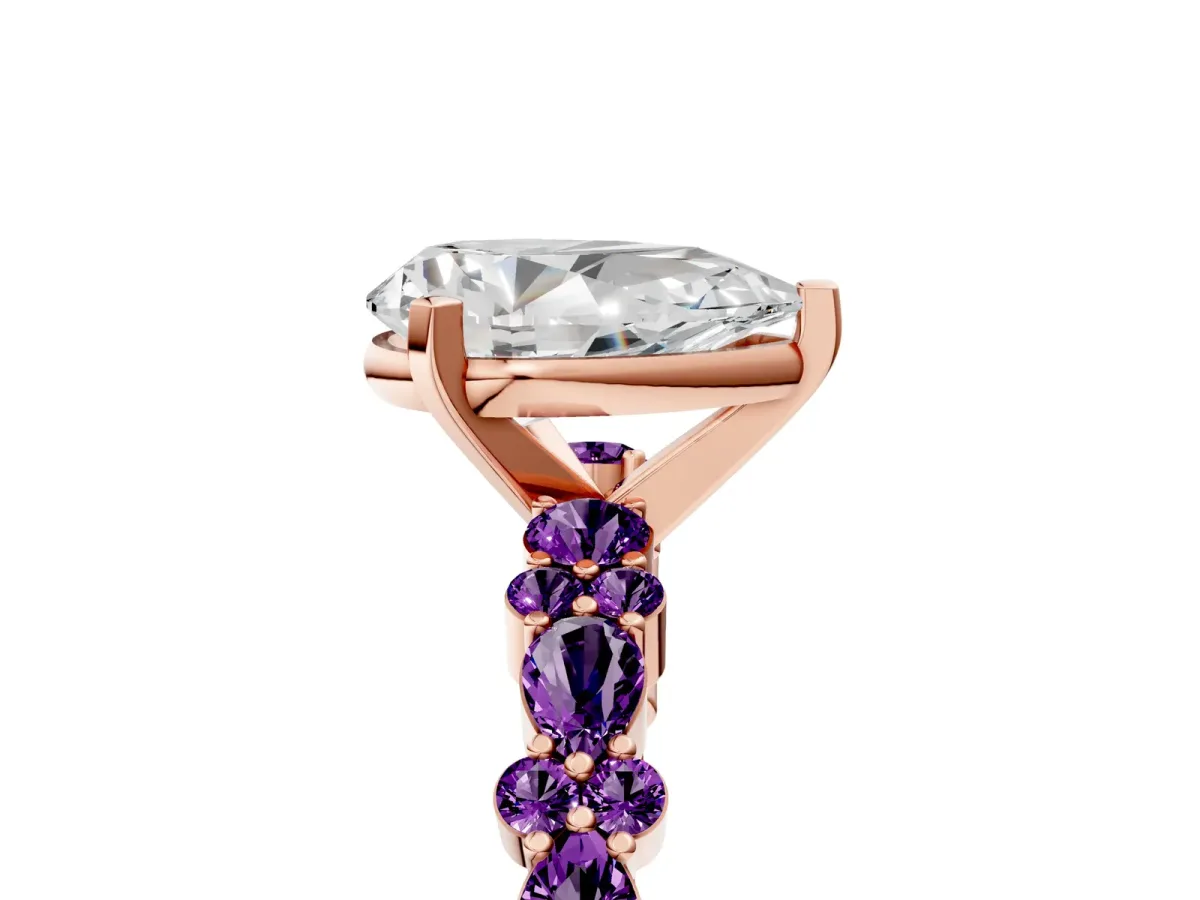 Pear Cut Diamond Side Stone Solitaire Ring with Round Amethyst and Four-Prong Setting Rose gold