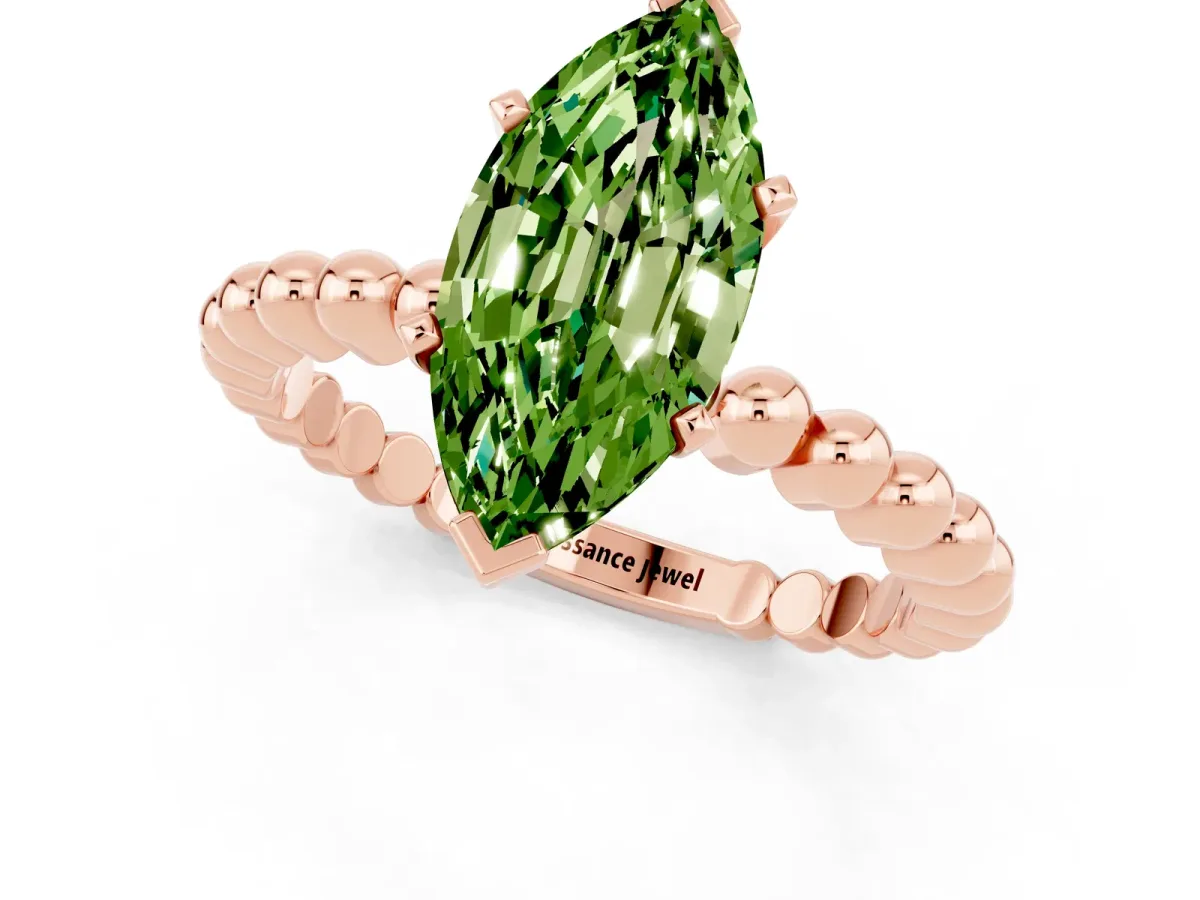 Marquise Cut Peridot Solitaire Ring with Beaded Band and Prong Setting Rose gold
