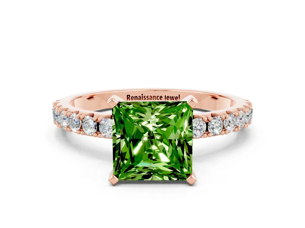 Princess Cut Peridot Solitaire Pavé Band with Four-Prong Setting Rose gold