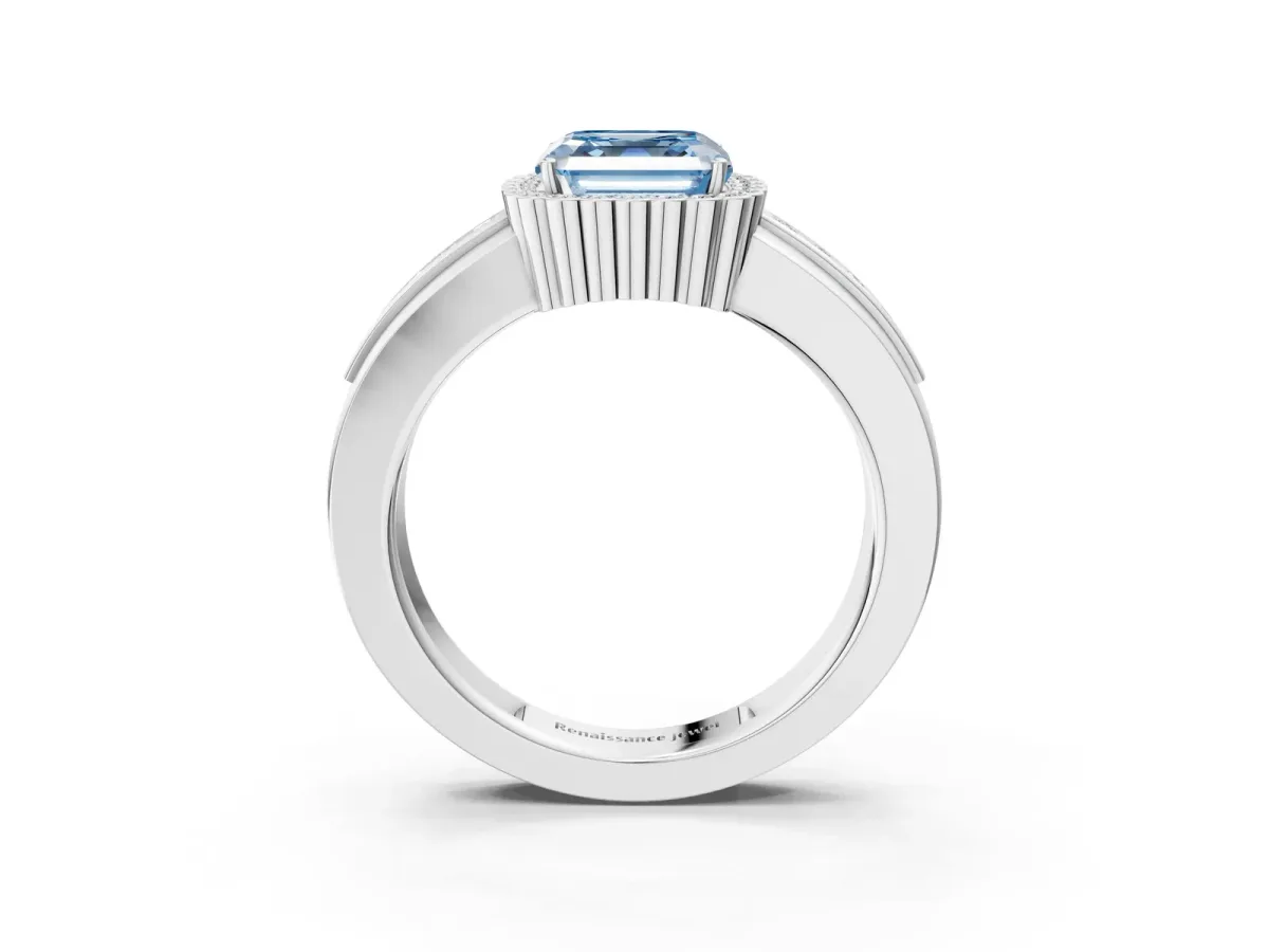 Fancy Blue Asscher Cut Cut Halo Pave Band Four-Prong Ring Platinum