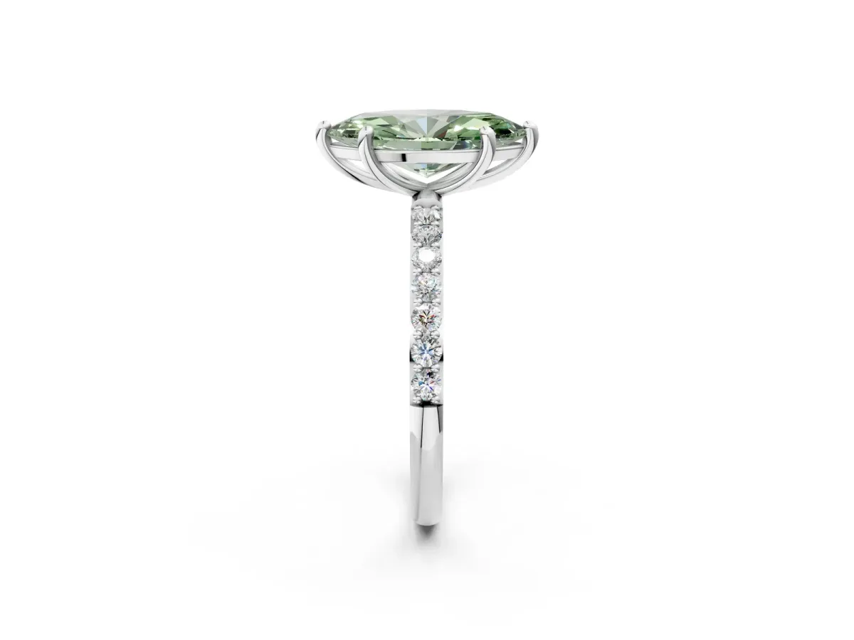 Fancy Green Marquise Cut Diamond Solitaire Ring with Round Pavé Band and Prong Setting Silver