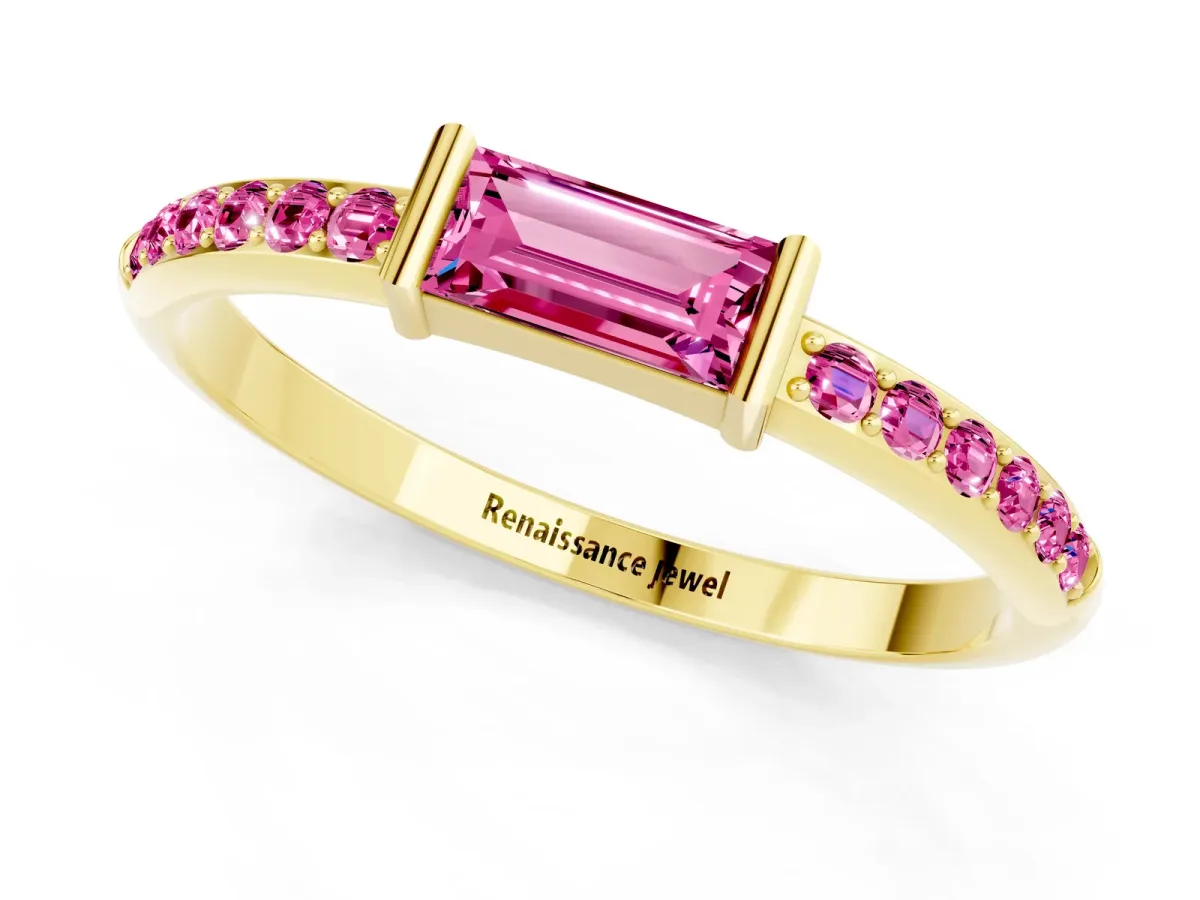 Baguette Pink Sapphire Pavé Band with Bar Setting Yellow gold