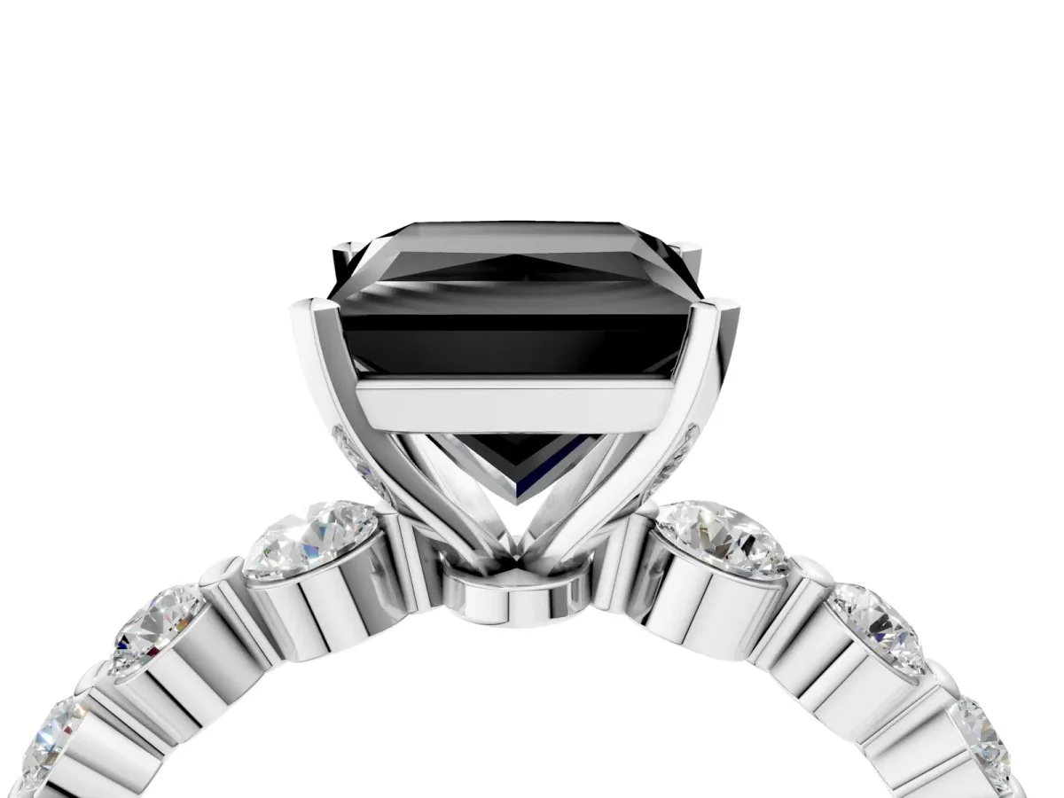 Fancy Black Princess Cut Solitaire Diamond Ring with Pave Band and Four-Prong Setting Silver