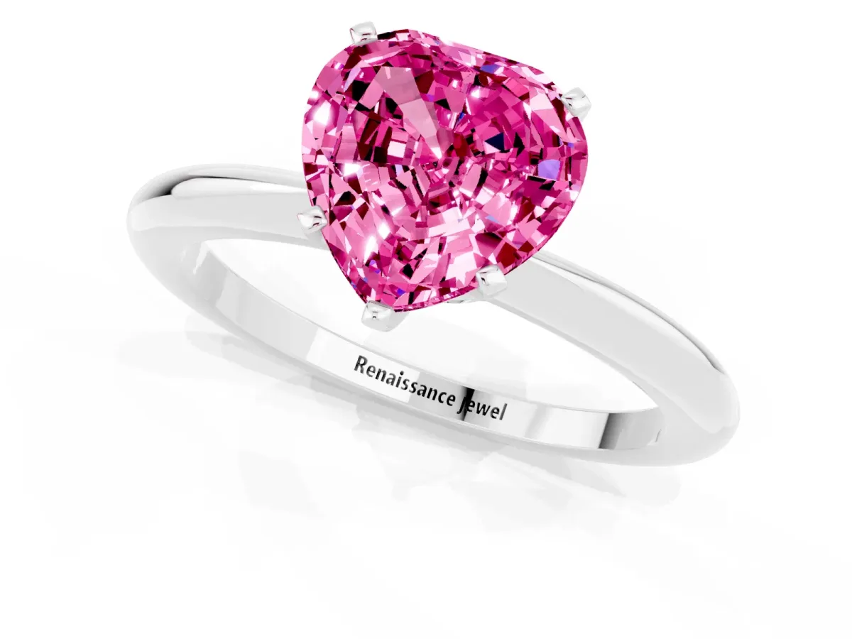 Heart Cut Pink Sapphire Solitaire Ring with Six-Prong Setting and Classic Band Silver