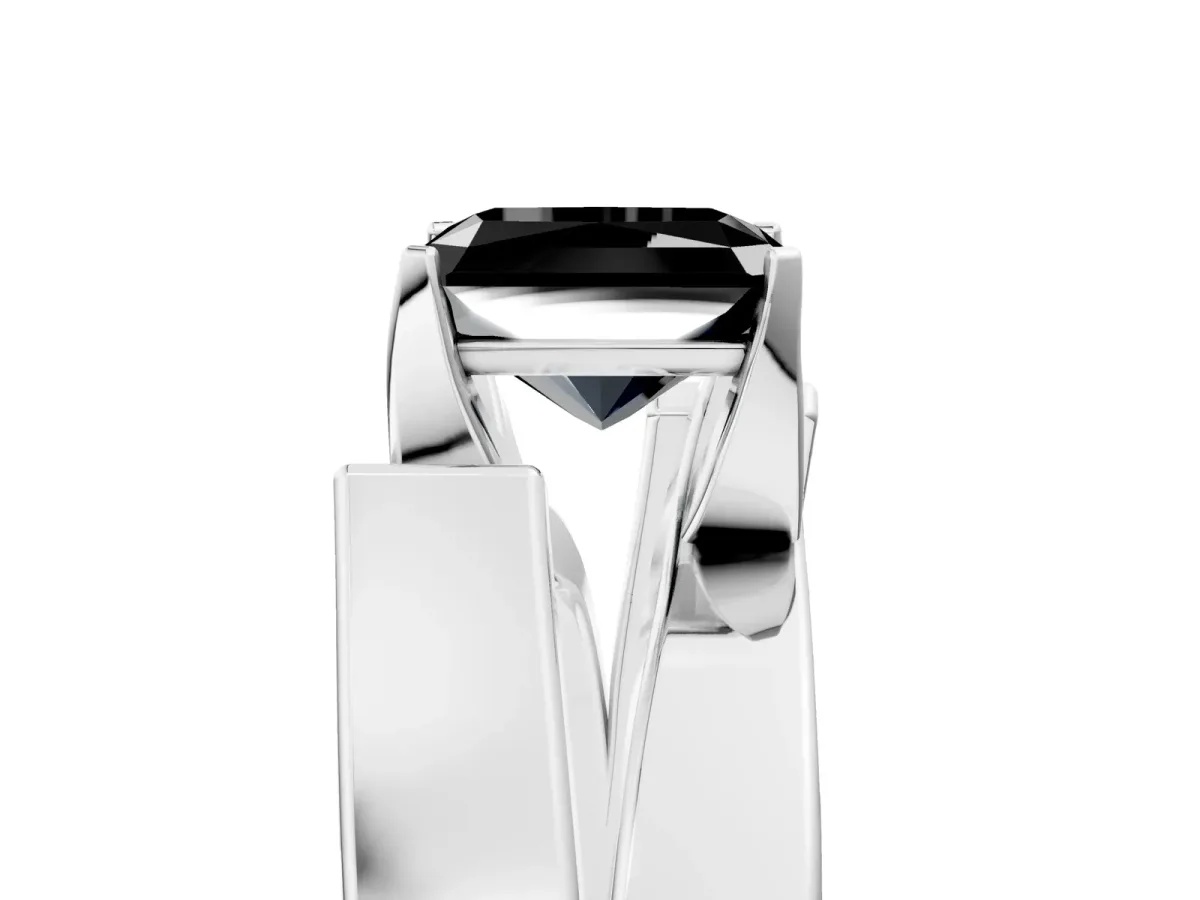 Fancy Black Modern Tension Set Radiant Cut Diamond Solitaire Wide Band Ring Silver