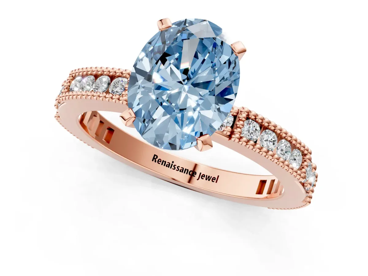 Fancy Blue Oval Cut Solitaire with Pavé Band and Four-Prong Setting Rose gold