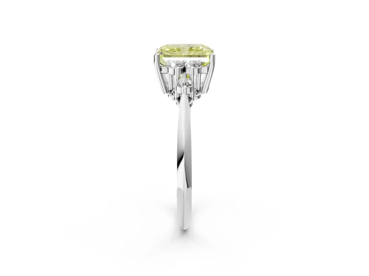 Fancy Yellow Radiant Cut Cut Diamond Cluster Ring with Solitaire Band and Four-Prong Setting Platinum