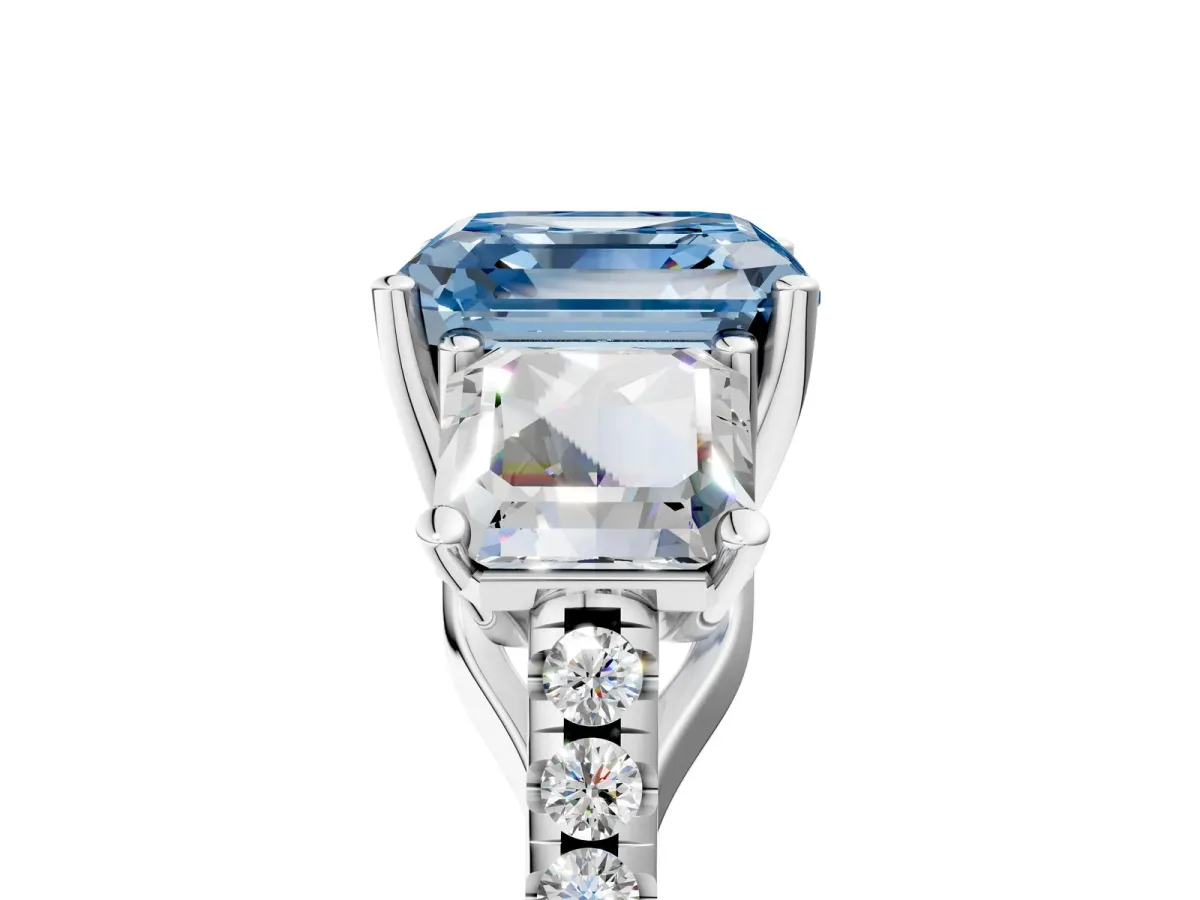 Fancy Blue Three-Stone Asscher Cut Diamond Ring with Round Pavé Band and Prong Setting Silver
