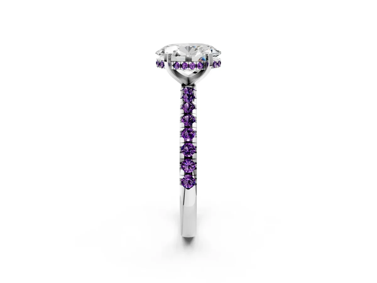 Oval Cut Diamond Solitaire Ring with Round Amethyst Pavé Band and Four-Prong Setting Silver