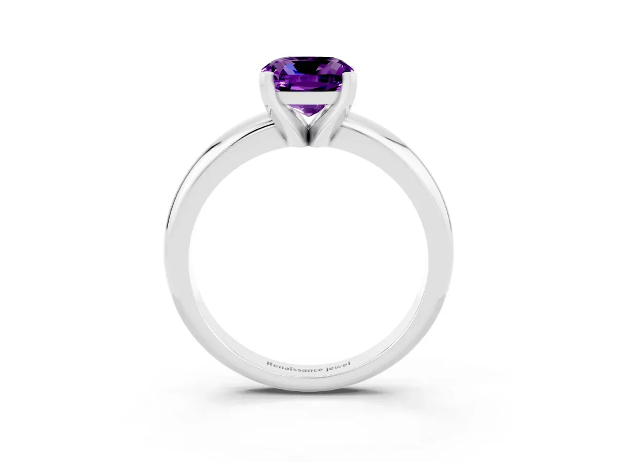 Cushion Cut Amethyst Solitaire Engagement Ring with Round Band and Four-Prong Setting Silver