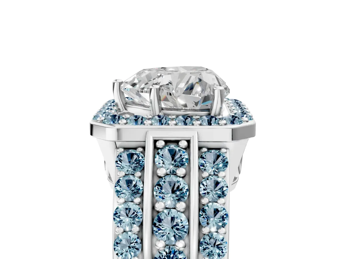 Heart Cut Halo Diamond Ring with Round Aquamarine Split Shank and Prong Setting Silver