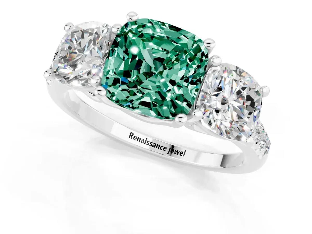 Three-Stone Cushion Cut Green Sapphire Ring with Round Pavé Band and Prong Setting Silver