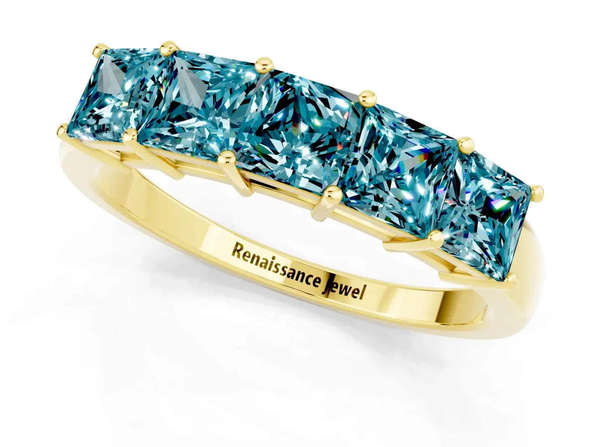 Princess Cut Five-Stone Blue Topaz Band with Prong Setting Yellow gold