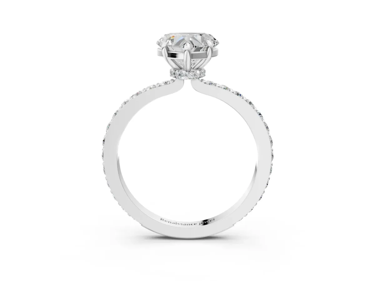 Heart Cut Diamond Solitaire Engagement Ring with Pavé Band and Four-Prong Setting Silver
