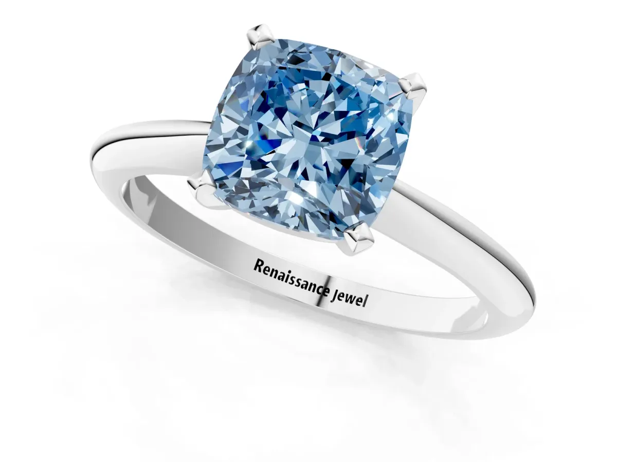 Fancy Blue Cushion Cut Diamond Solitaire Engagement Ring with Classic Band and Four-Prong Setting Silver