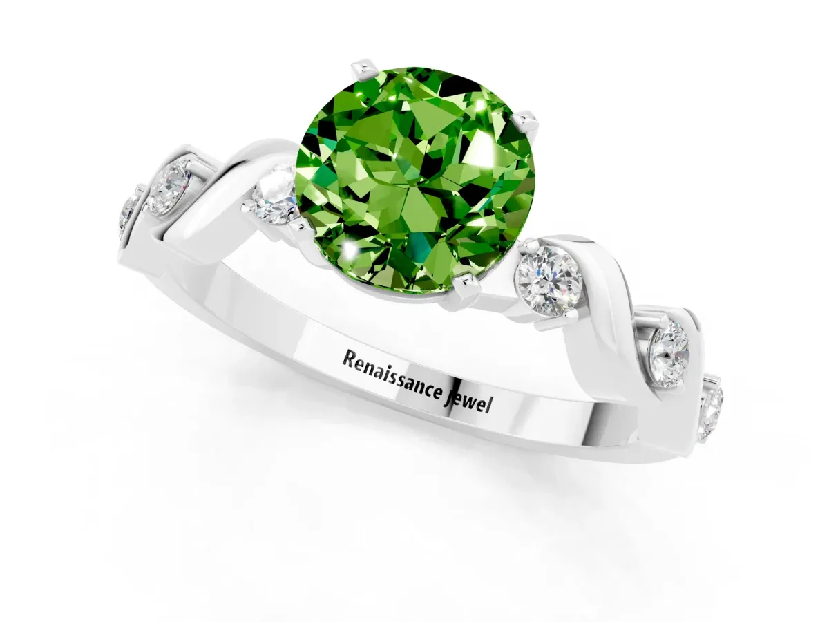 Round Cut Peridot Solitaire Twisted Band with Round Accents and Prong Setting Silver