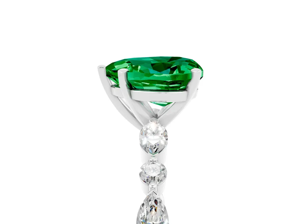 Heart Cut Emerald Ring with Marquise and Round Side Stones and Four-Prong Setting Silver