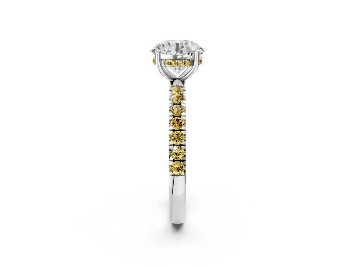 Round Cut Diamond Pave Band Solitaire Ring with Round Yellow Sapphire and Prong Setting Silver