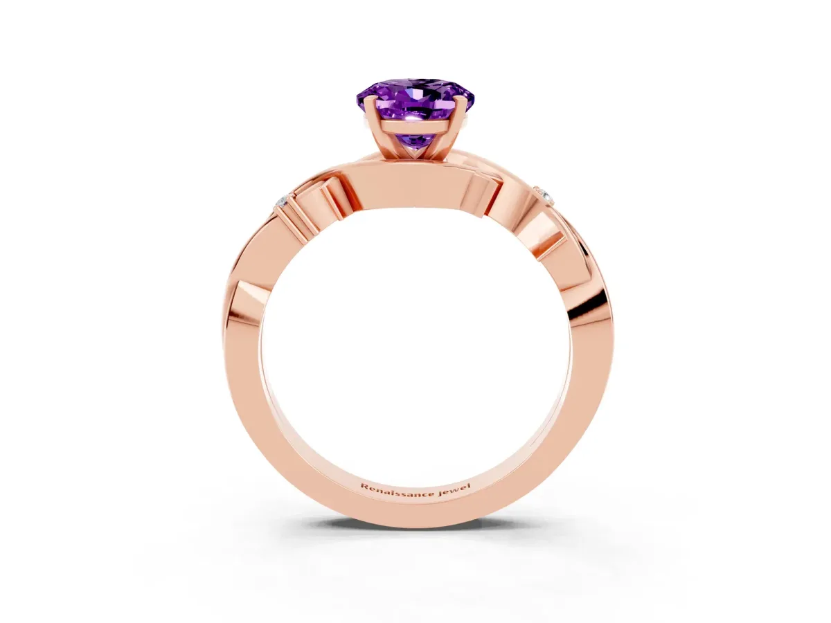 Oval Cut Amethyst Solitaire Ring with Twisted Band and Prong Setting Rose gold