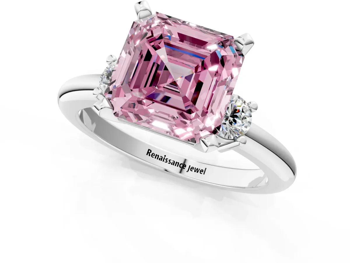 Fancy Pink Three-Stone Asscher Cut Cut Diamond Solitaire with Prong Setting and Classic Band Platinum