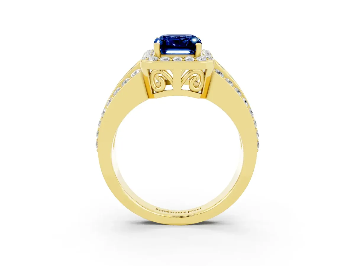Emerald Cut Halo Blue Sapphire Ring with Round Split Shank and Prong Setting Yellow gold