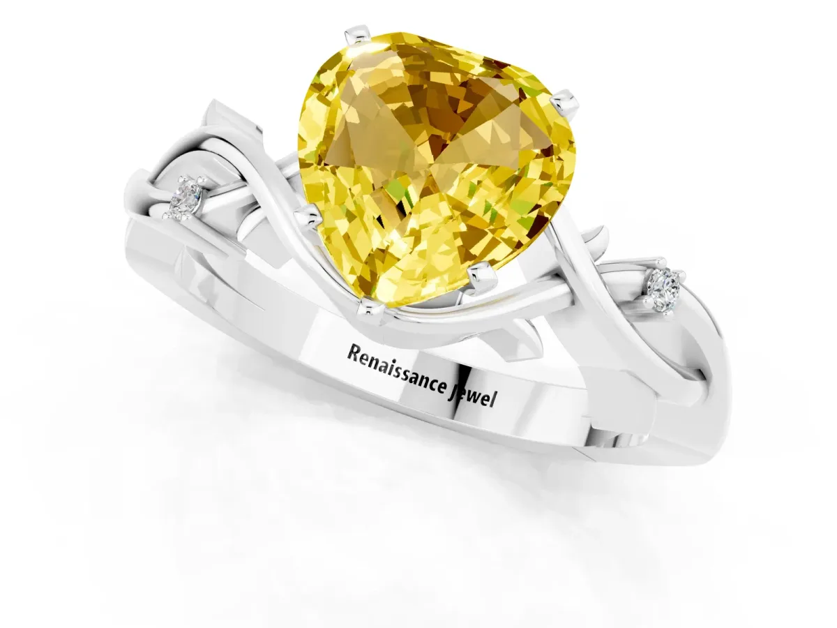 Heart Cut Yellow Sapphire Solitaire Ring with Twisted Band and Prong Setting Silver