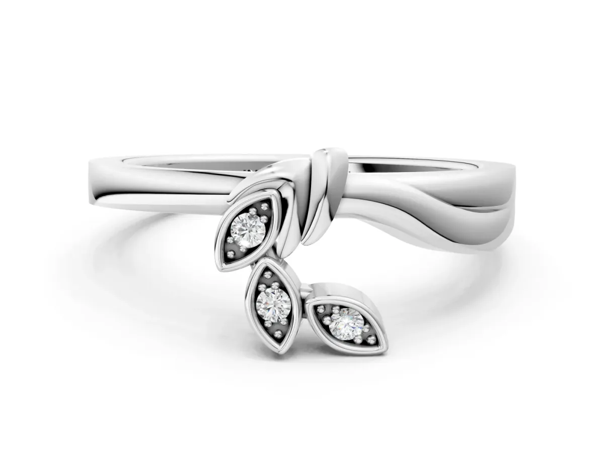 Three-Stone Round Diamond Leaf Bypass Ring with Bezel Setting Platinum
