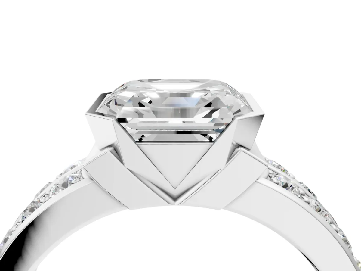 Asscher Cut Brilliant Diamond Channel Set Wide Band Ring with Bezel Setting Platinum