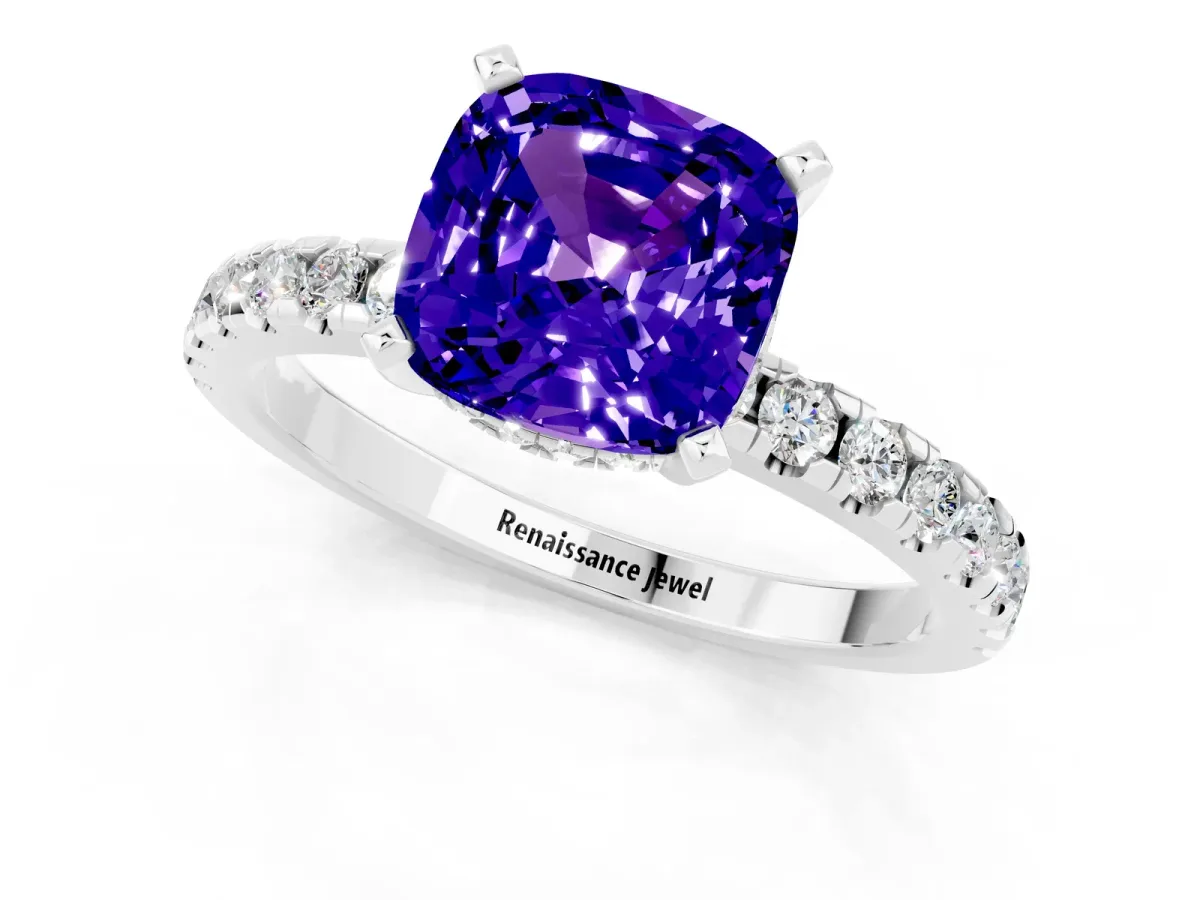 Cushion Cut Tanzanite Solitaire Ring with Round Pavé Band and Four-Prong Setting Silver