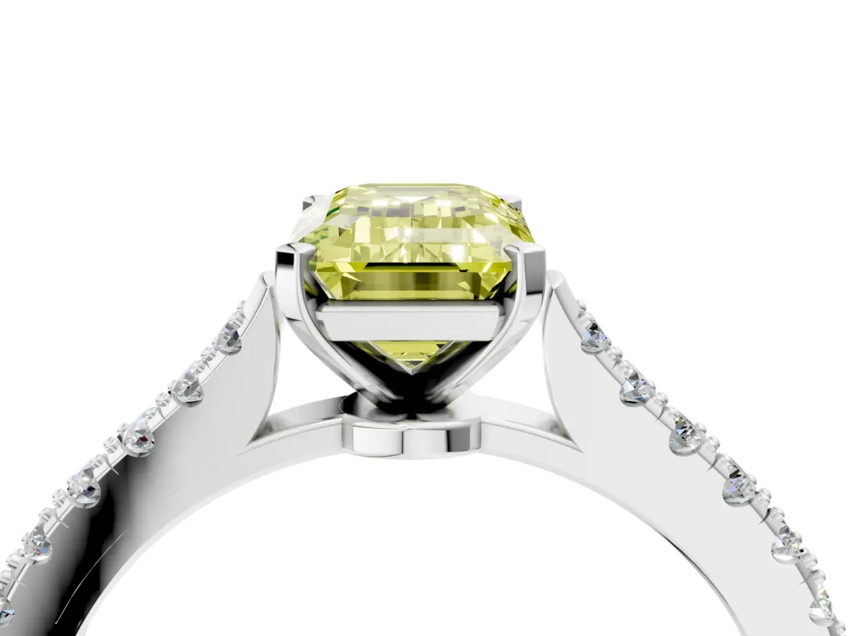 Fancy Yellow Emerald Cut Cut Solitaire Diamond Engagement Ring with Pave Band and Four-Prong Setting Silver