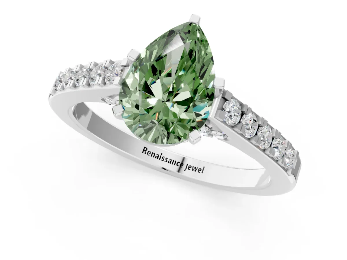 Fancy Green Pear Cut Diamond Solitaire Ring with Crossover Gallery and Round Pavé Band Silver