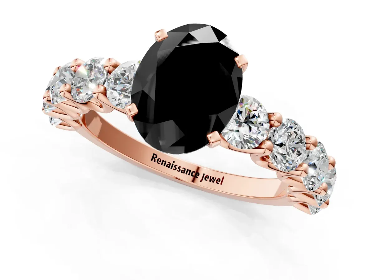 Fancy Black Oval Cut Diamond Prong Setting with Side Stones on a Pave Band Rose gold