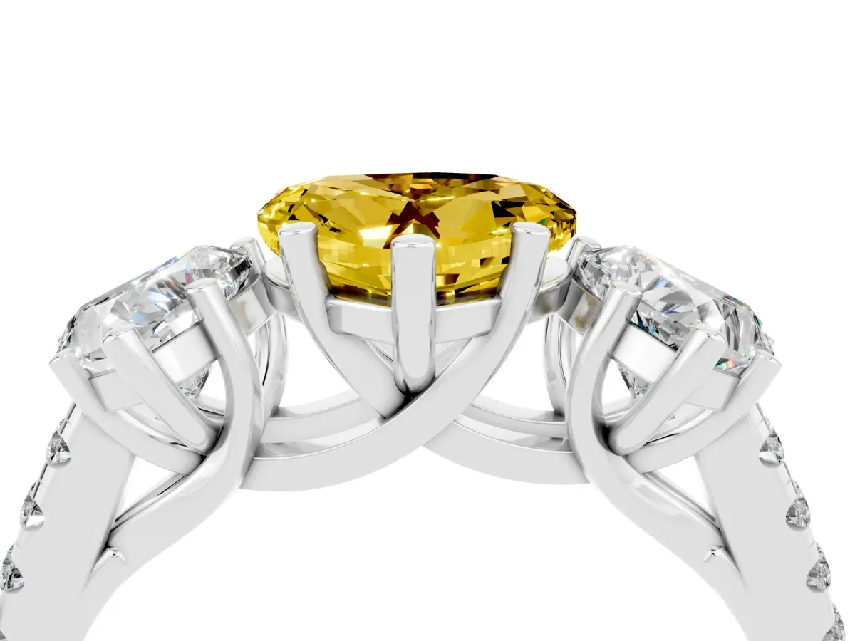 Three-Stone Heart Cut Yellow Sapphire Ring with Round Pavé Band and Prong Setting Silver