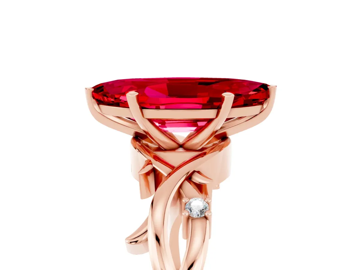Marquise Cut Ruby Solitaire Ring with Milgrain Pavé Band and Four-Prong Setting Rose gold