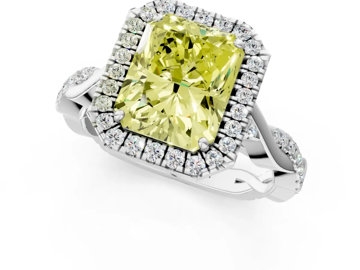 Fancy Yellow Radiant Cut Halo Twist Band Solitaire Ring Platinum