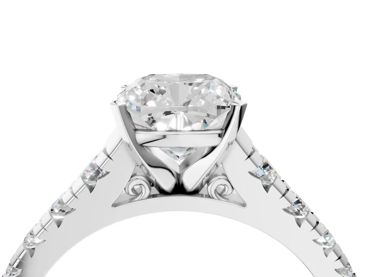 Cushion Cut Diamond Cathedral Solitaire Ring with Round Moissanite Pavé Band Silver