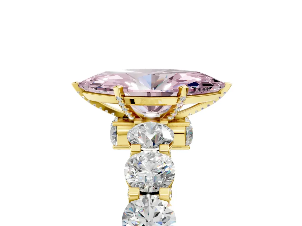 Fancy Pink Marquise Cut Diamond Side Stone Engagement Ring with Four-Prong Setting Yellow gold