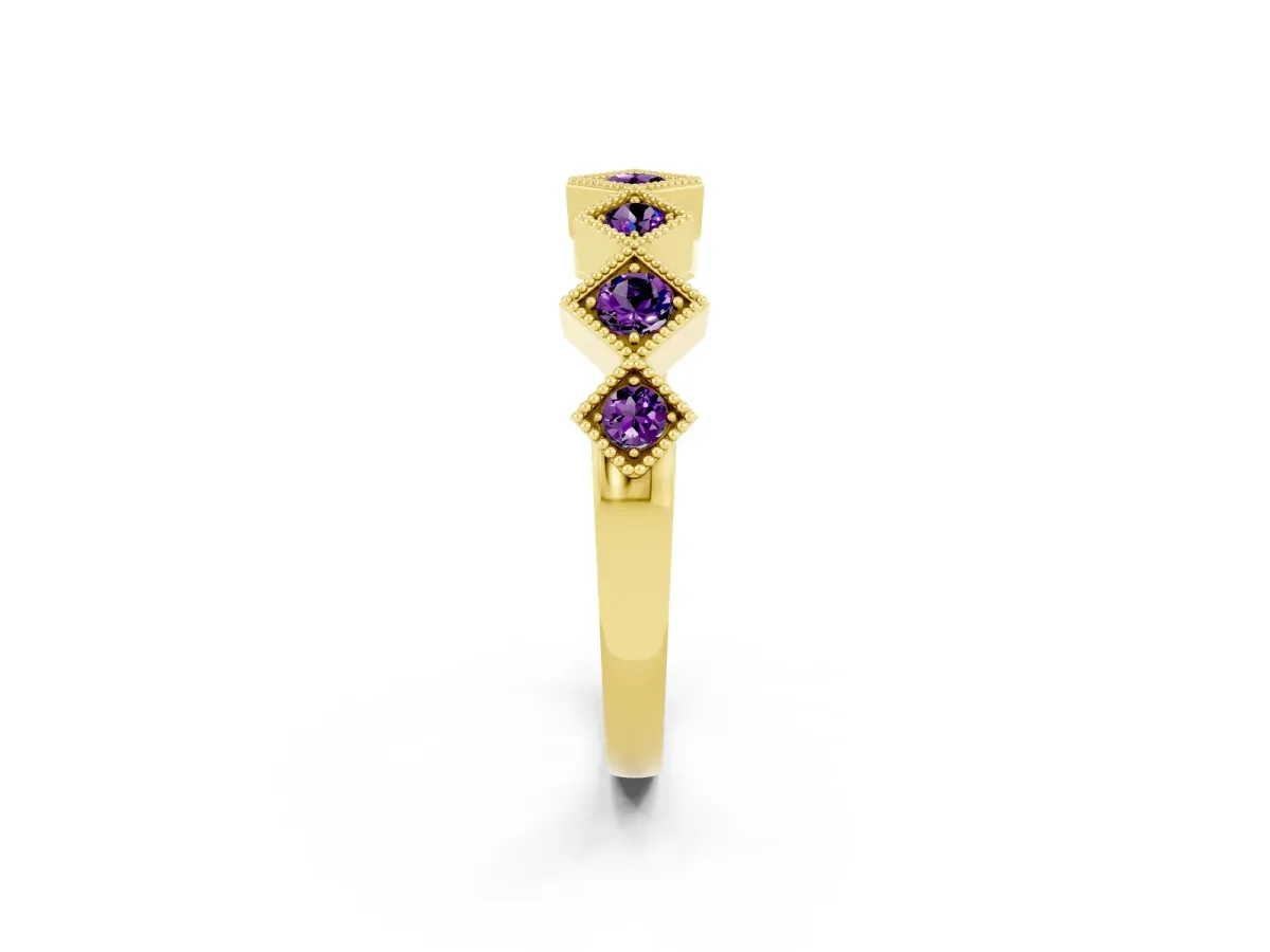 Milgrain Square Bezel Round Amethyst Chevron Band Yellow gold