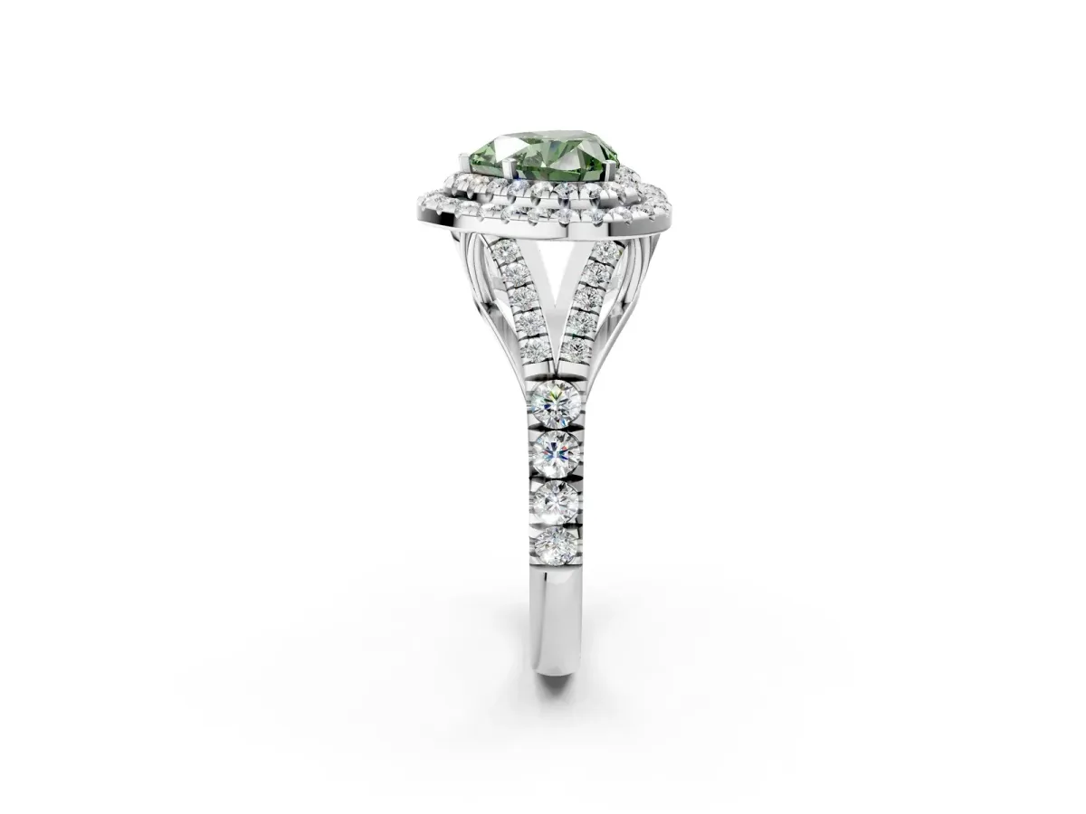 Fancy Green Heart Cut Cut Double Halo Split Shank Diamond Ring with Prong Setting Platinum