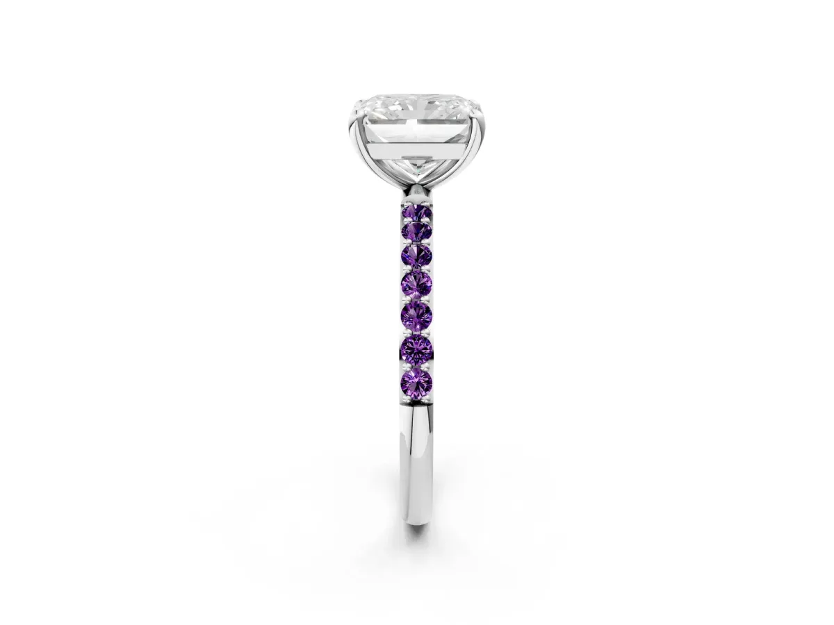 Radiant Cut Diamond Solitaire Ring with Round Amethyst Pavé Band and Prong Setting Silver
