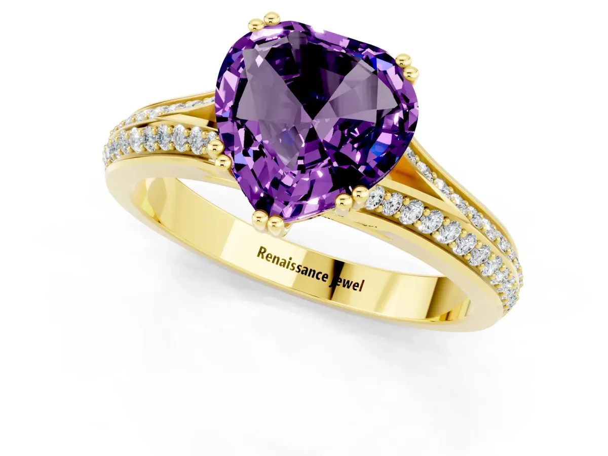Heart Cut Amethyst Split Shank Engagement Ring with Pavé Band Yellow gold