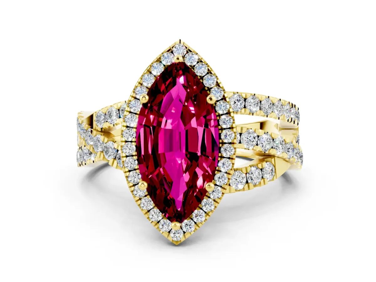 Marquise Cut Garnet Halo Ring with Round Split Shank and Prong Setting Yellow gold