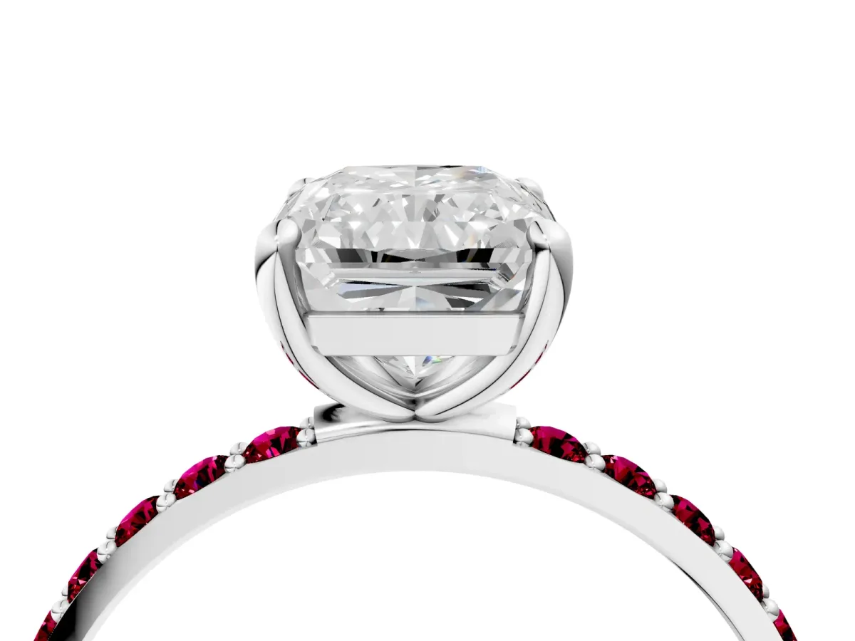 Radiant Cut Diamond Solitaire Ring with Round Garnet Pavé Band and Prong Setting Silver