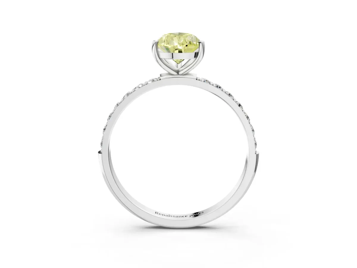 Fancy Yellow Pear Cut Diamond Solitaire Ring with Round Pavé Shoulders and Prong Setting White gold