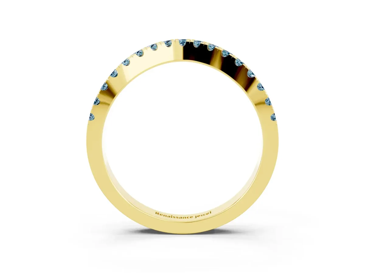 Round Aquamarine Pavé Curved Band with Shared Prong Setting Yellow gold
