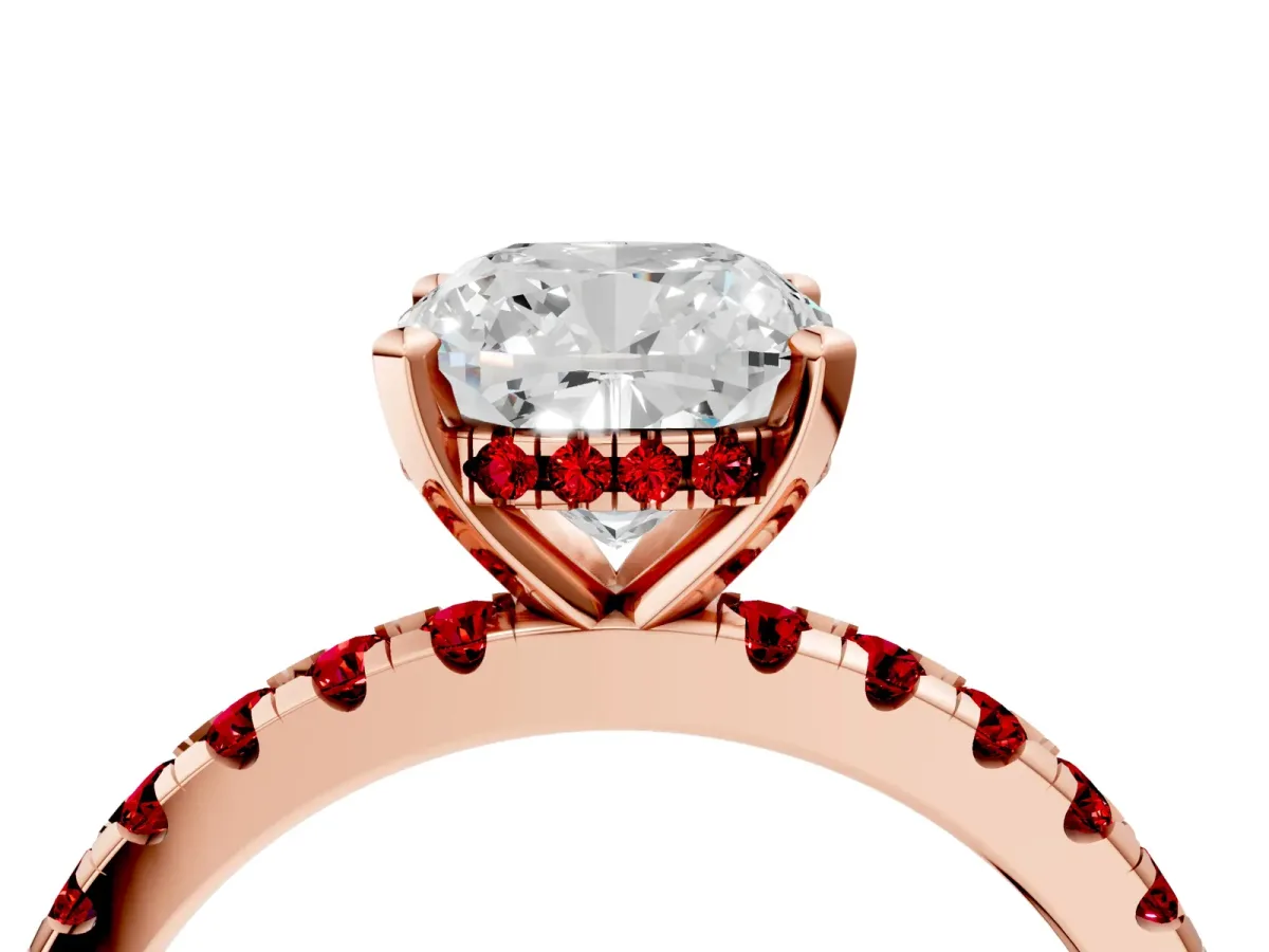 Cushion Cut Diamond Solitaire Ring with Round Ruby Pavé Band and Four-Prong Setting Rose gold