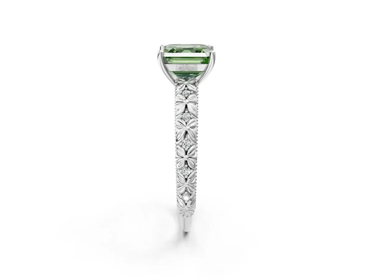 Fancy Green Asscher Cut Solitaire Floral Milgrain Engagement Ring Platinum