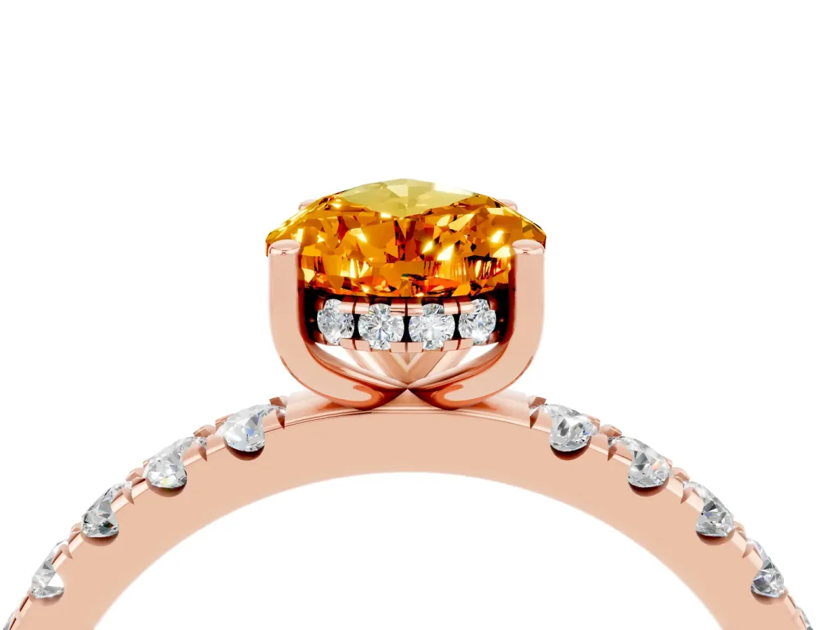 Pear Cut Citrine Pave Band Solitaire Ring with Round and Prong Setting Rose gold