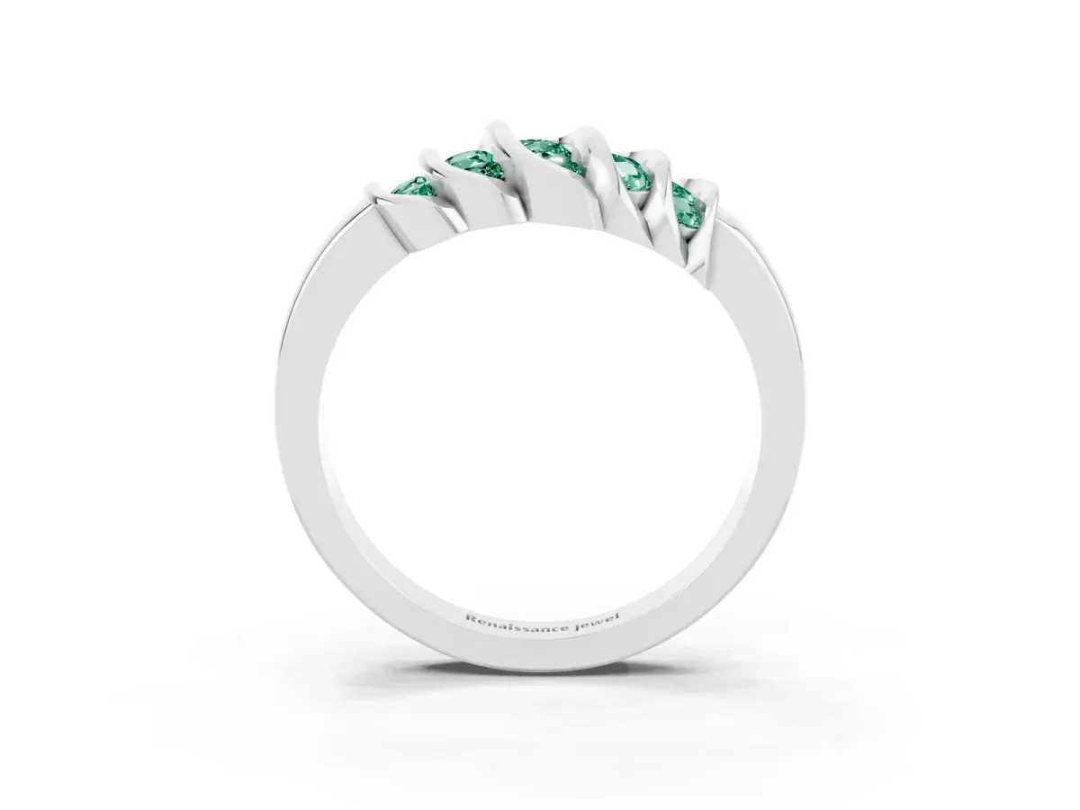 Round Green Sapphire Multi-Row Crossover Band White gold