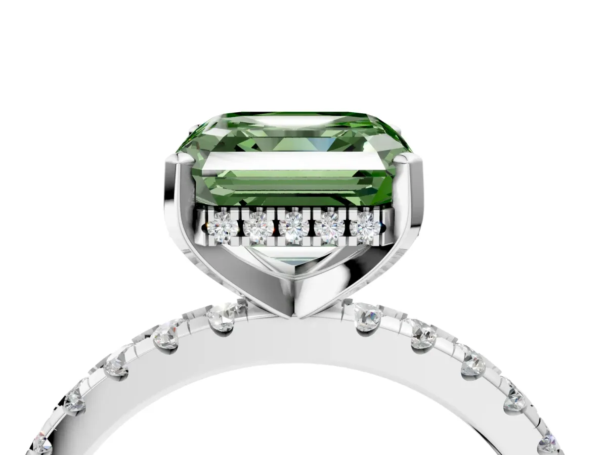 Fancy Green Asscher Cut Diamond Solitaire Ring with Round Pavé Band and Four-Prong Setting Silver